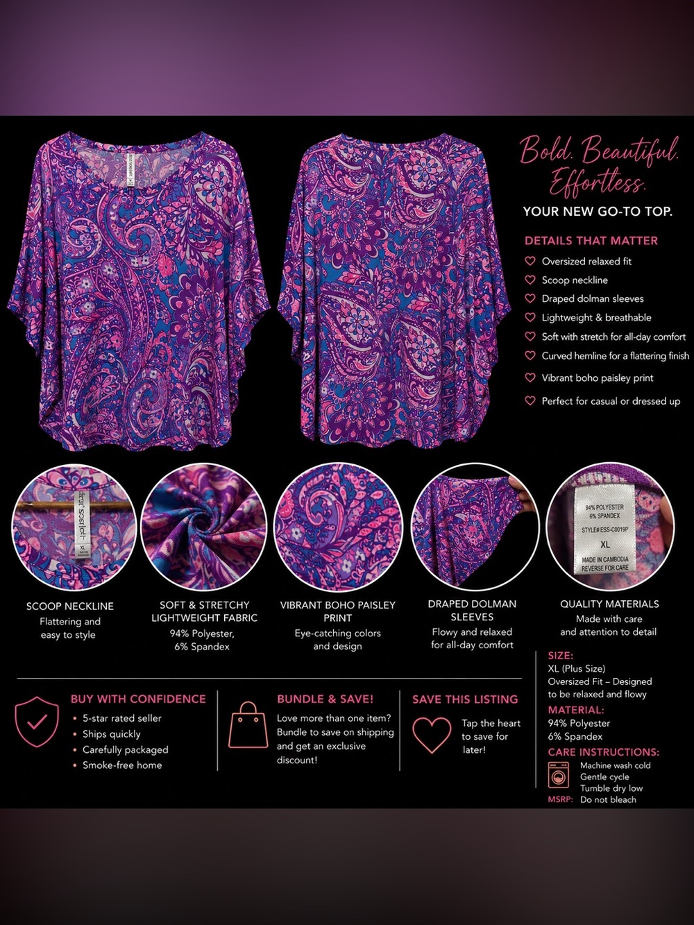 🆕 Plus Size Purple & Pink Paisley Bulgari Boat Neck Tunic Blouse XL-3XL - Picture 3 of 3